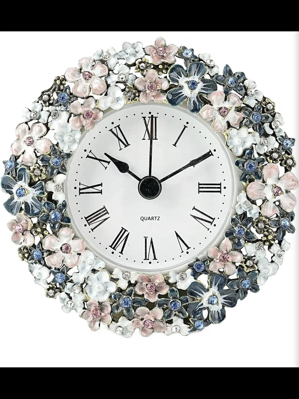 Small Round Floral Quartz Table Clock | Pink & Blue | NEW IN BOX |